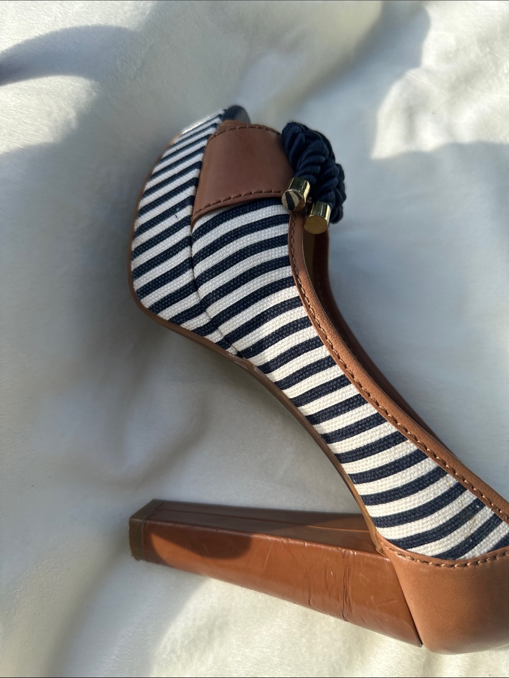Gianni Bini Navy and White Striped Peep-Toe Heels with Tan Trim - Picture 7 of 8